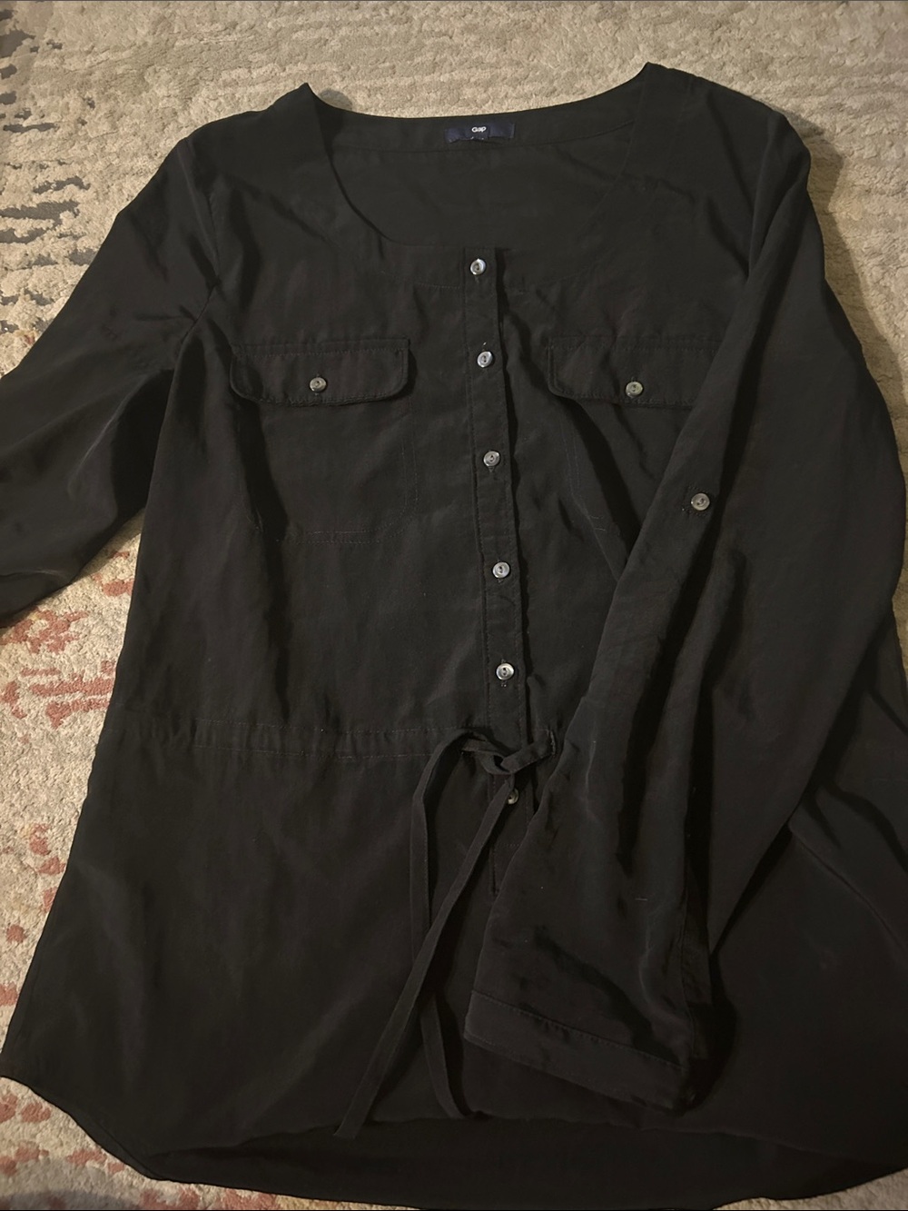 GAP Black Long-Sleeve Button-Down Shirt with Waist Tie
